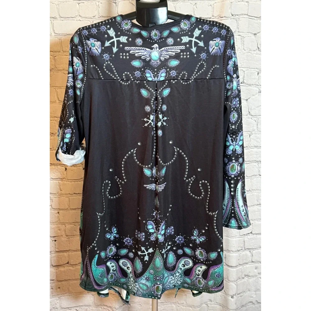 Lucky & Blessed Women Paisley Southwestern Roll Tab Cardigan Black Teal  NWT